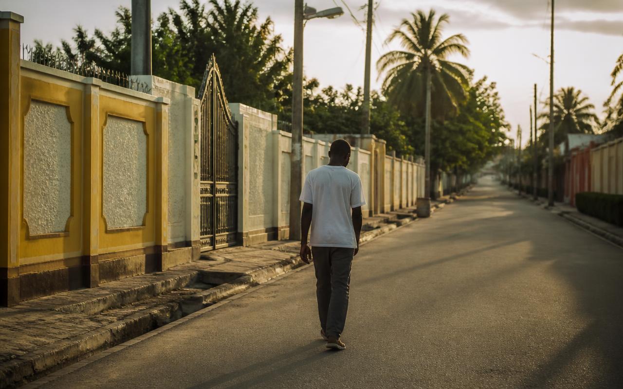 A visitor walking down a residential street of painted compound gates at golden hour
