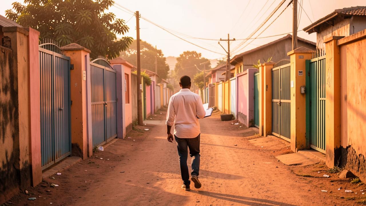 A visitor walking down a residential street of painted compound gates at golden hour