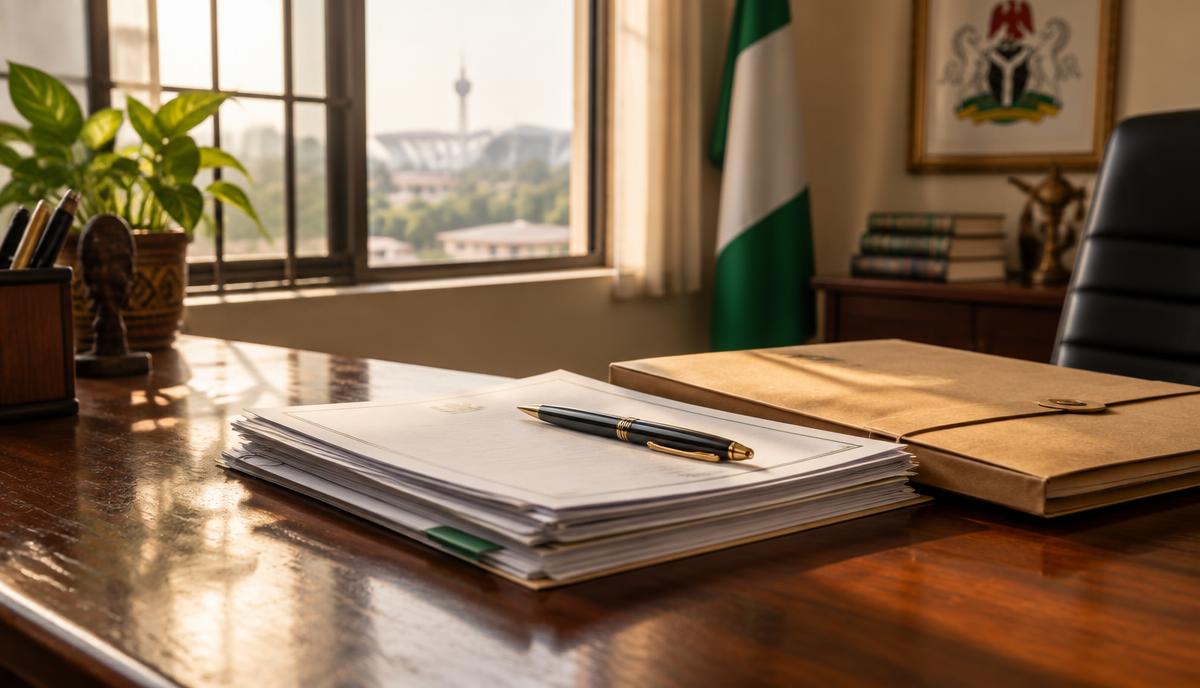 A closed case file and a stack of documents on a sunlit wooden desk