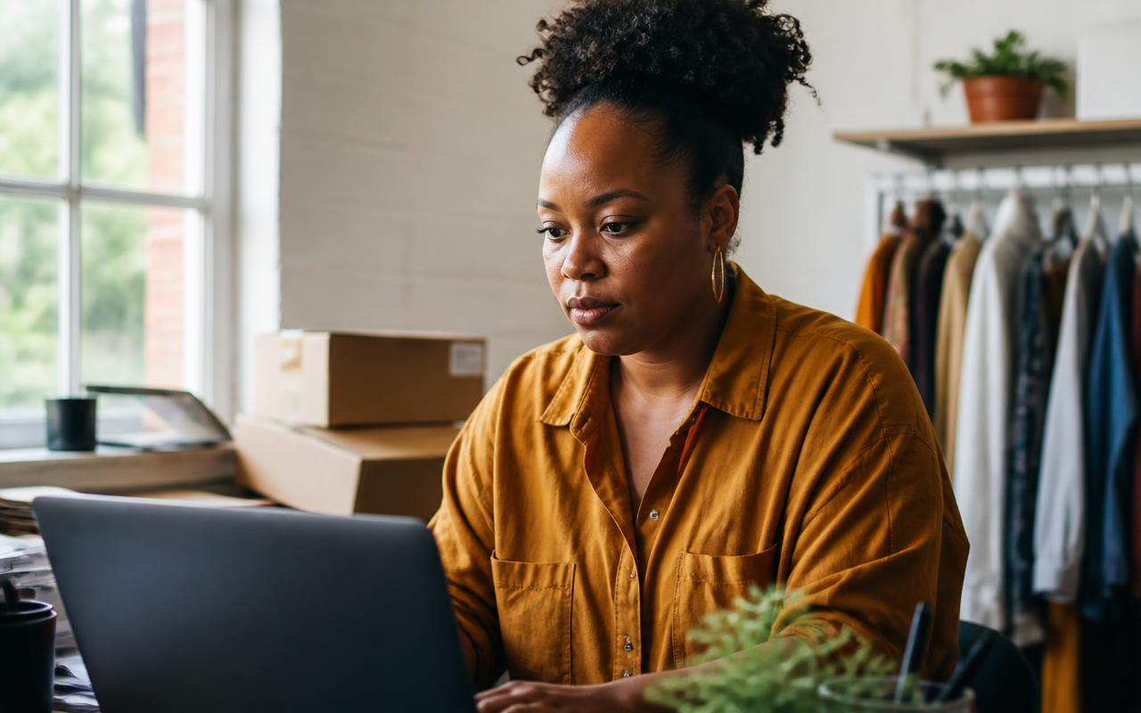 A business owner working at a laptop in a small sunlit office