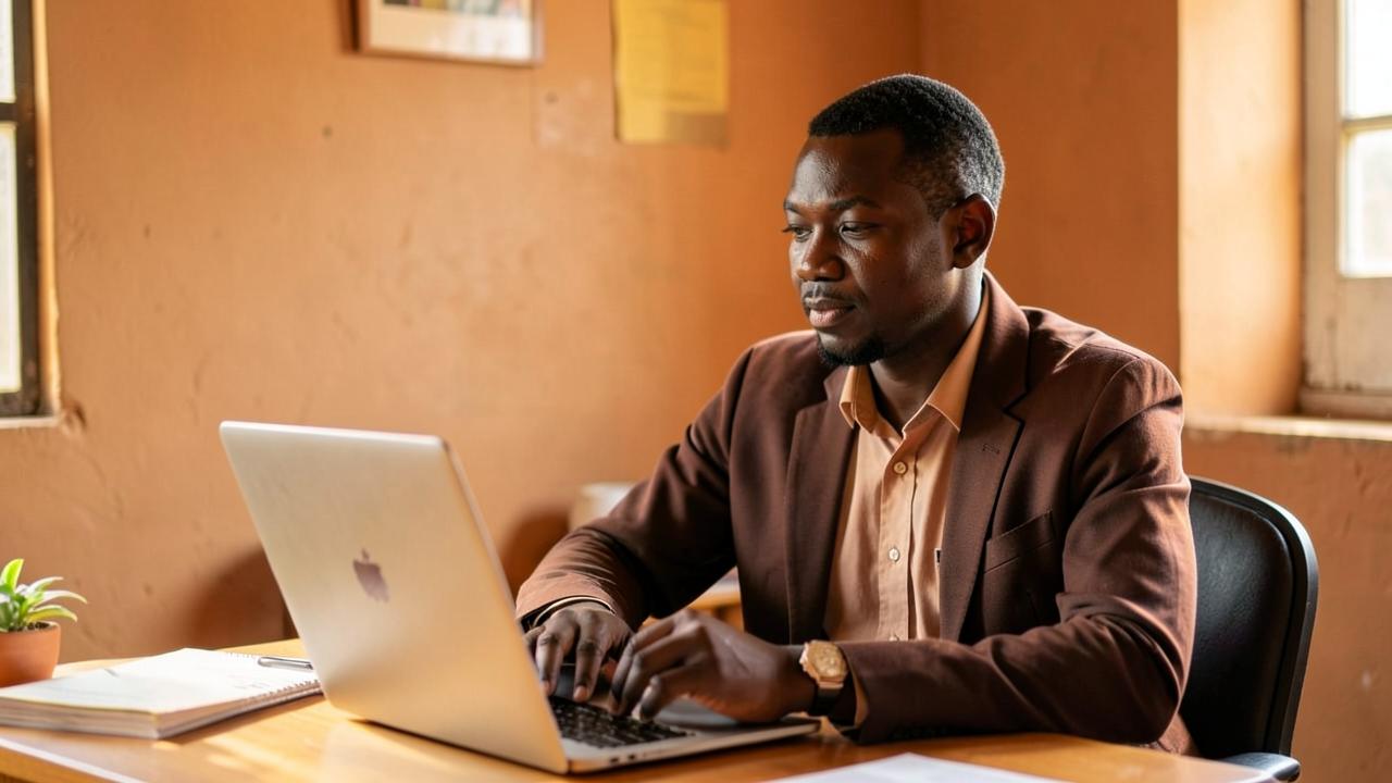 A business owner working at a laptop in a small sunlit office