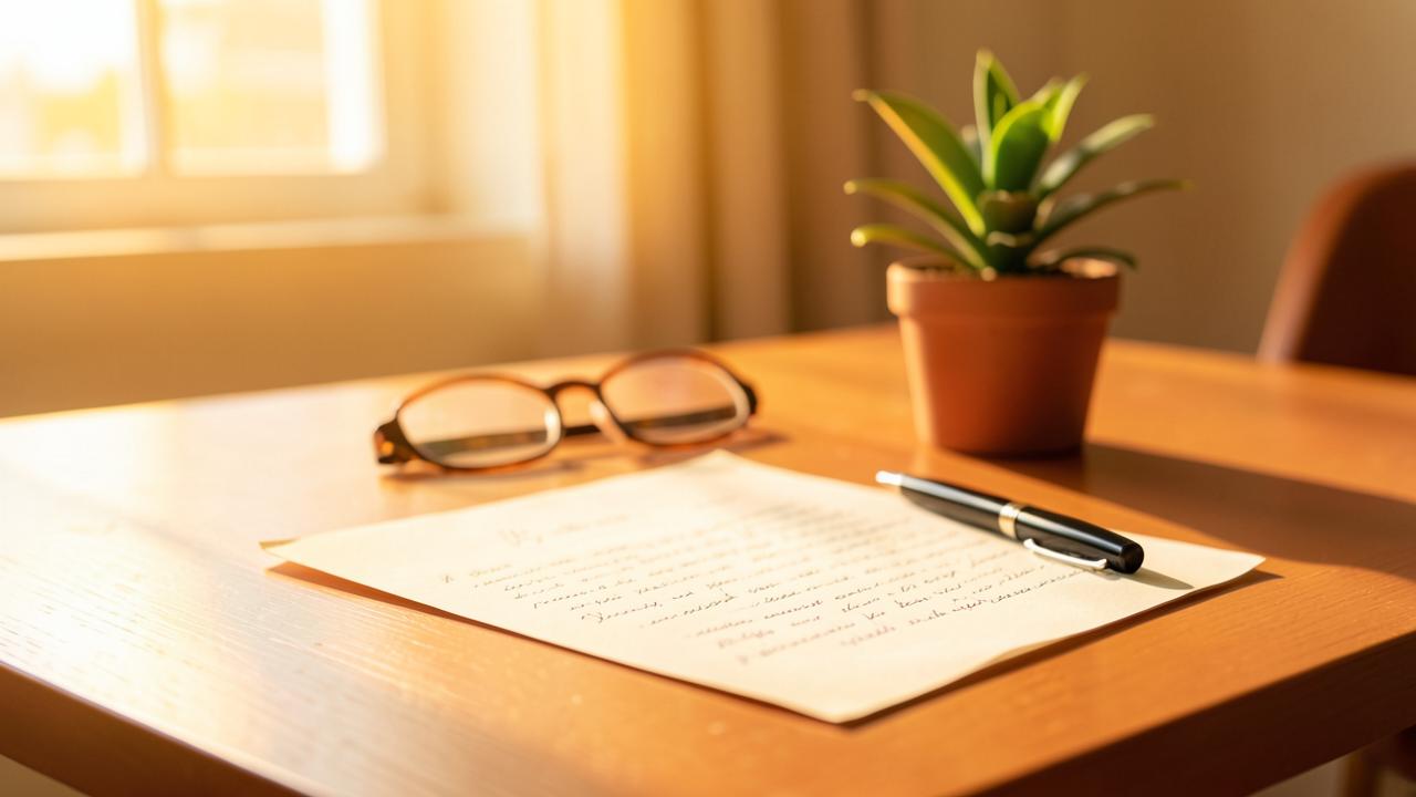 A handwritten letter, pen and reading glasses on a sunlit desk