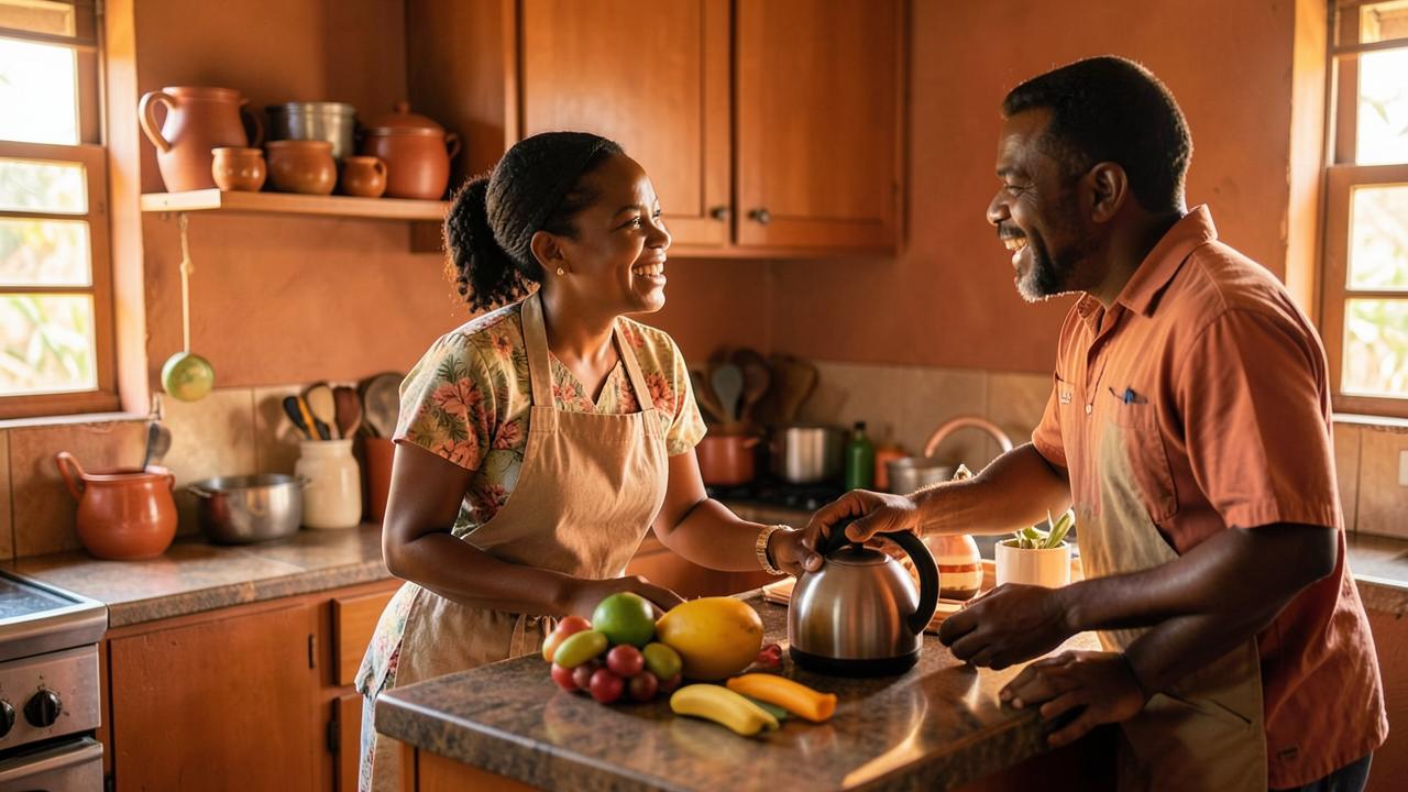 A housekeeper and a parent talking across a kitchen counter in warm morning light