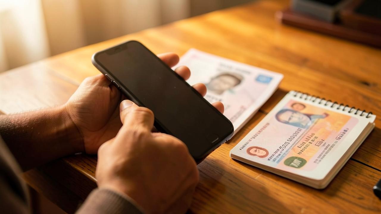 Hands holding a phone beside identity cards on a wooden desk