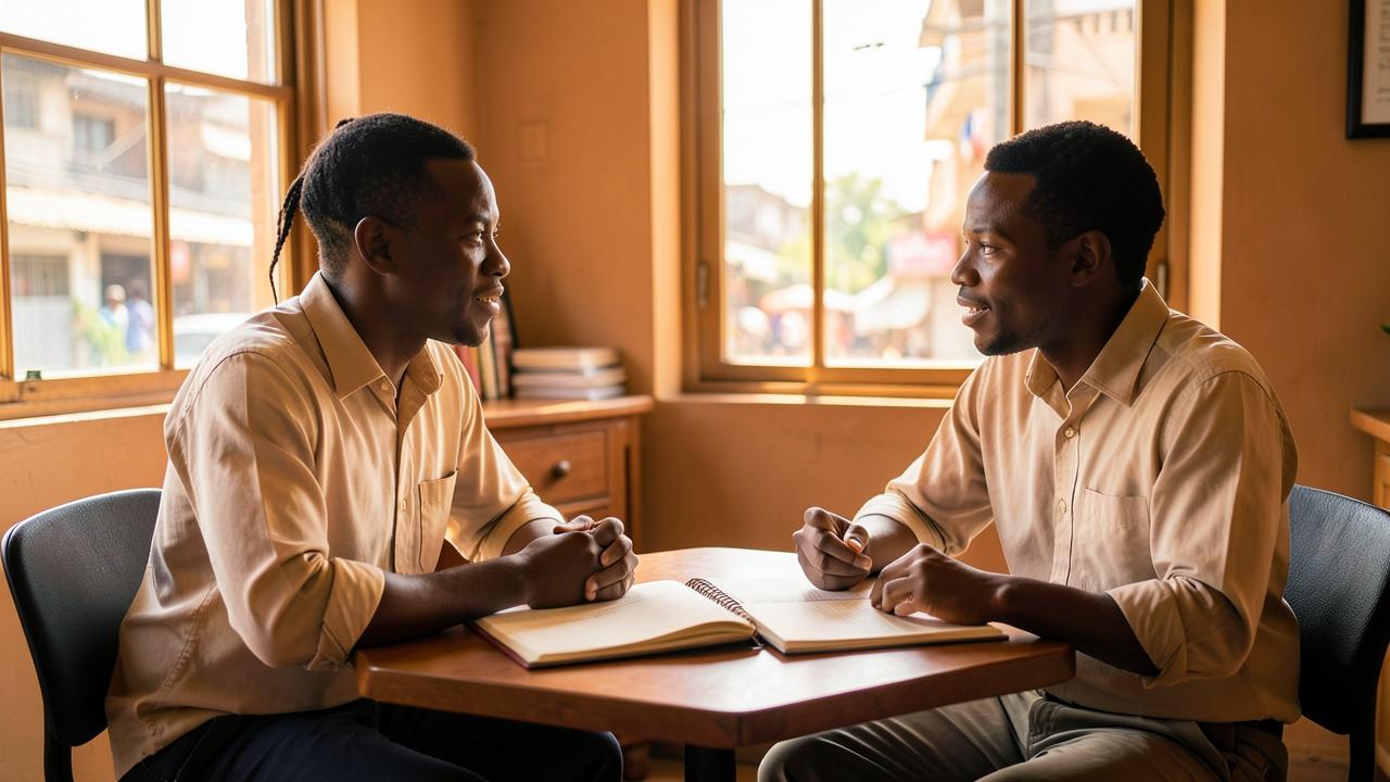 Two colleagues talking across a small table in a sunlit office