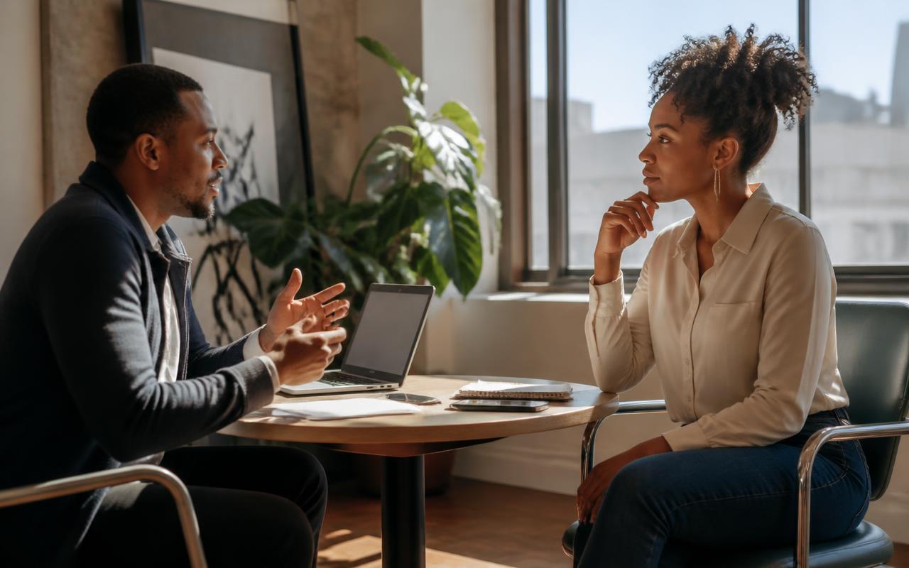 Two colleagues talking across a small table in a sunlit office
