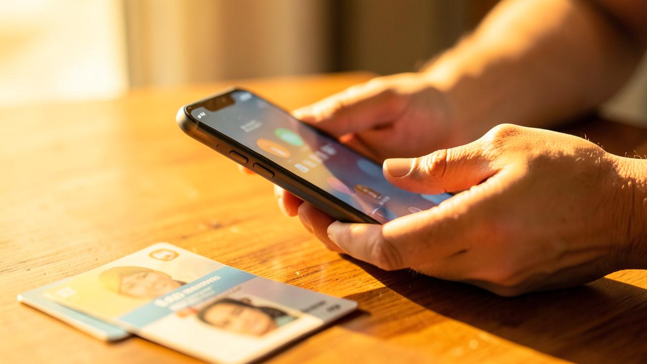 Hands holding a phone beside an identity card on a wooden table
